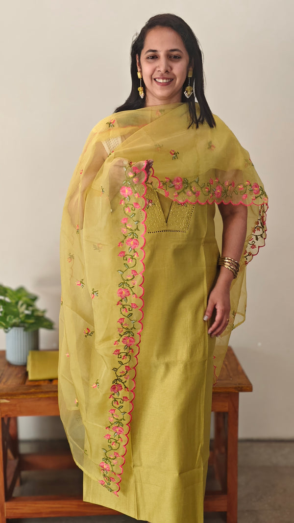 Mustard suit with organza dupatta