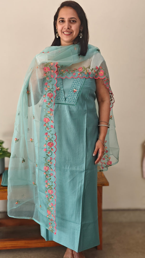 Teal suit with organza dupatta