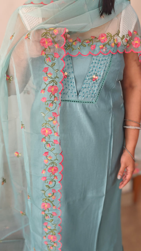 Teal suit with organza dupatta
