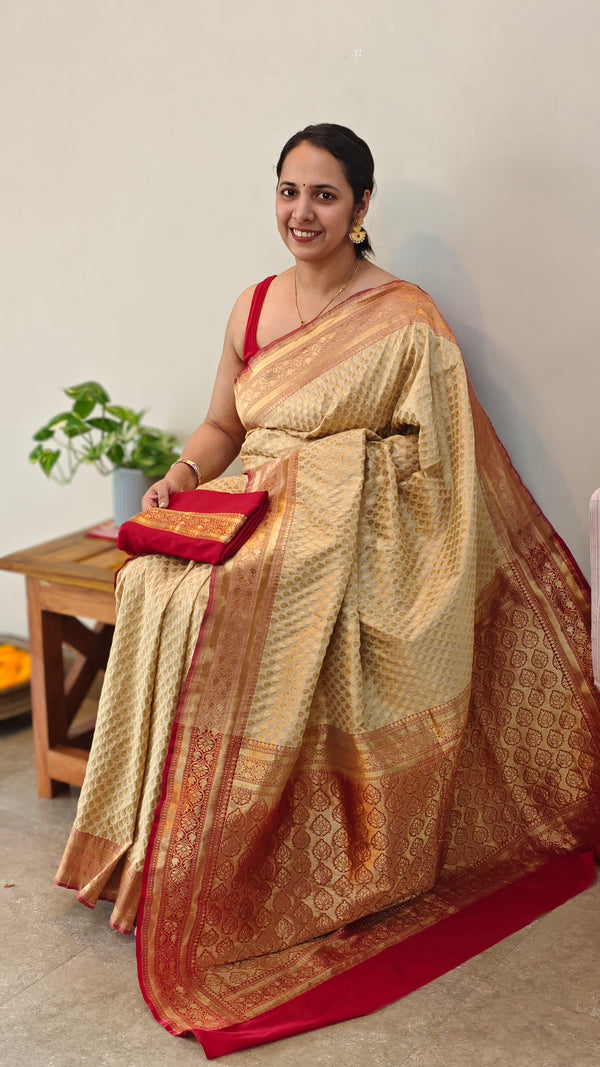 Golden beige and maroon banarasi saree