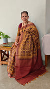 Mustard and brick red ajrakh tussar silk saree- W239