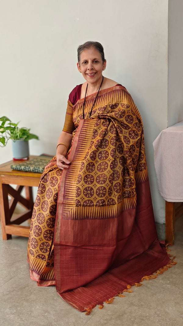 Mustard and brick red ajrakh tussar silk saree- W239