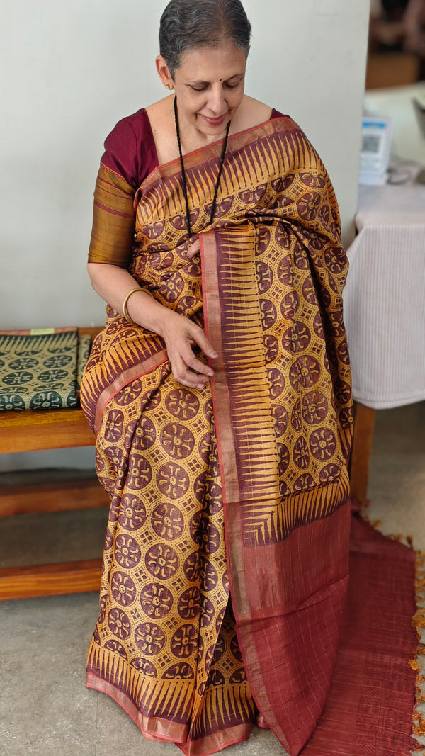Mustard and brick red ajrakh tussar silk saree- W239