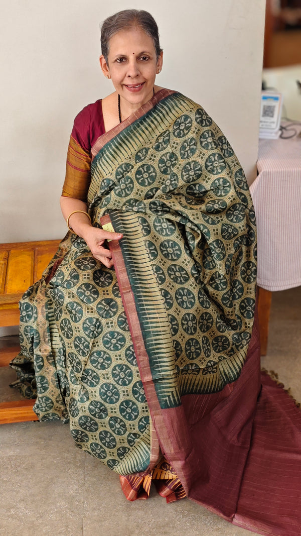 Green and dark mauve ajrakh tussar silk saree- W239