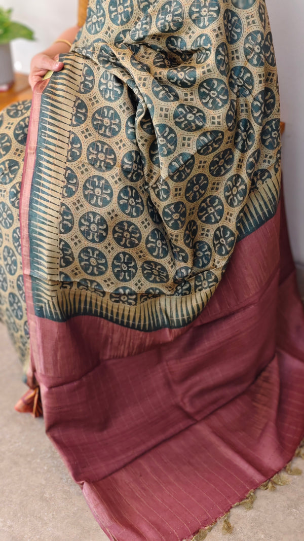 Green and dark mauve ajrakh tussar silk saree- W239