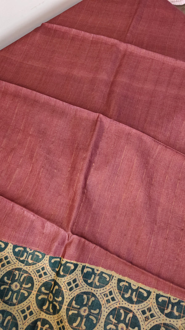 Green and dark mauve ajrakh tussar silk saree- W239