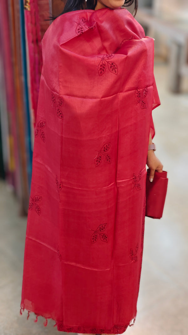 Pink red cutwork tussar silk suit
