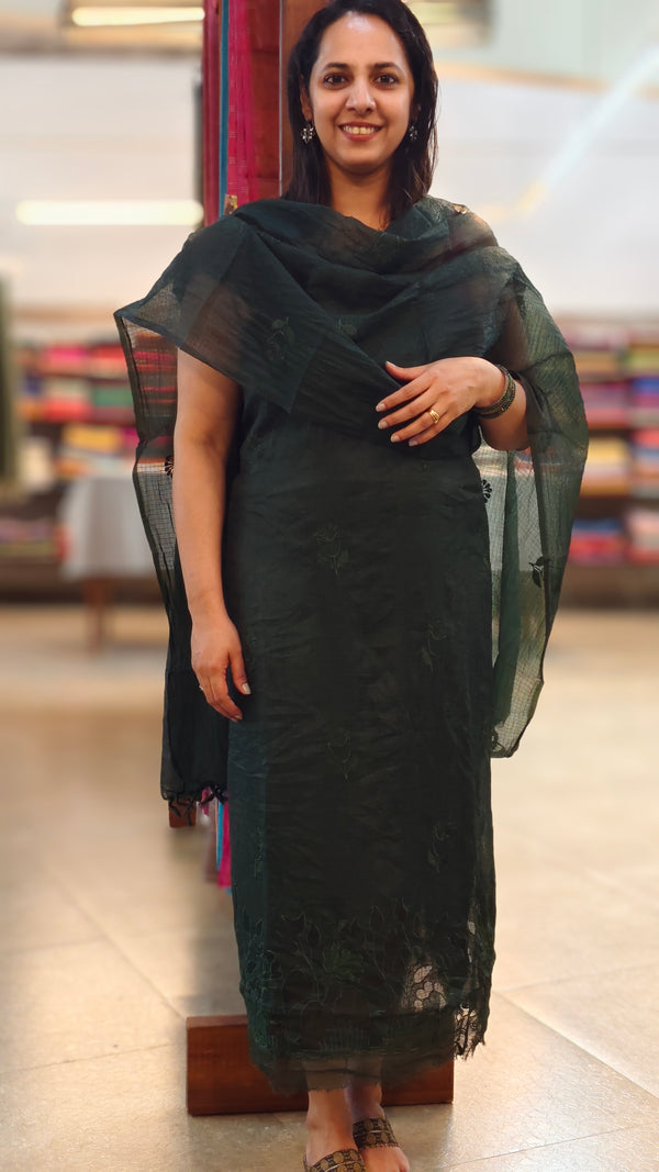 Bottle green silky kota suit