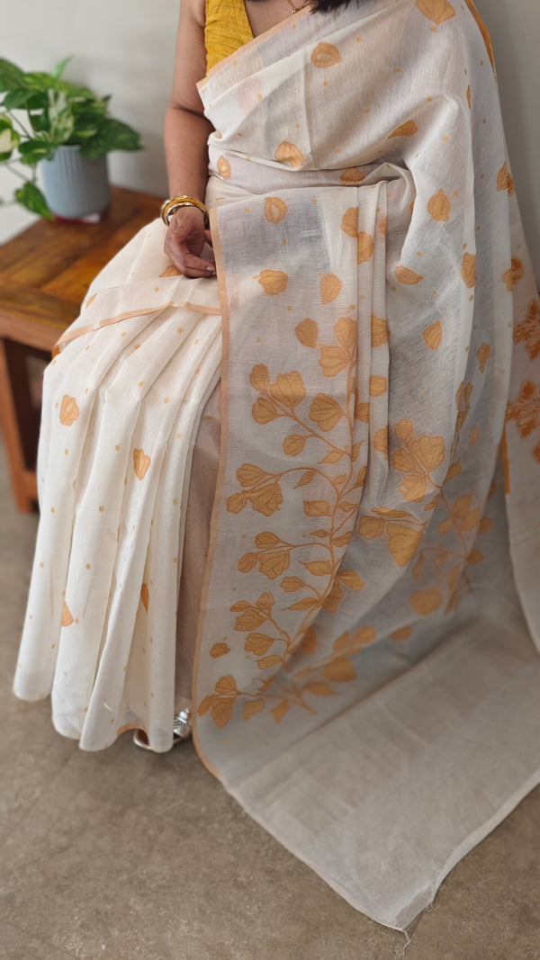 Off white and mustard jamdani saree