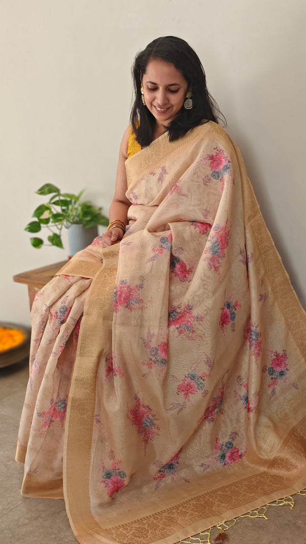 Pastel yellow Organza saree