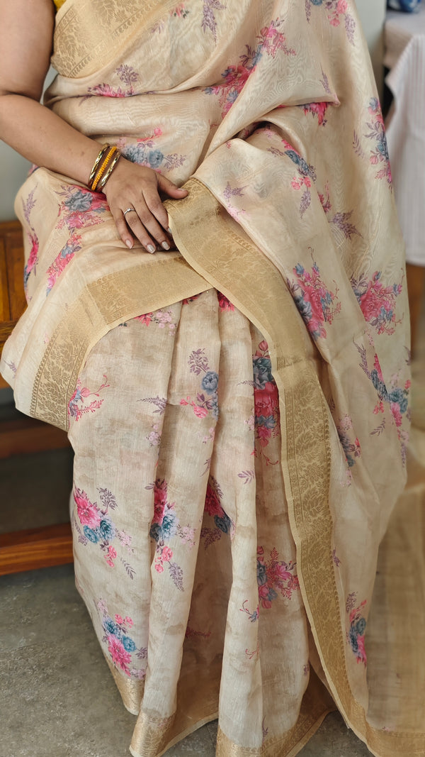 Pastel yellow Organza saree