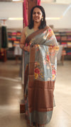 Light grey floral printed tussar silk saree
