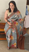 Light grey floral printed tussar silk saree