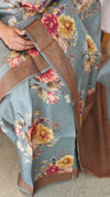 Light grey floral printed tussar silk saree