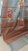 Light grey floral printed tussar silk saree
