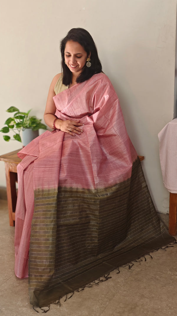 Blush pink and green tussar silk saree - 4D98