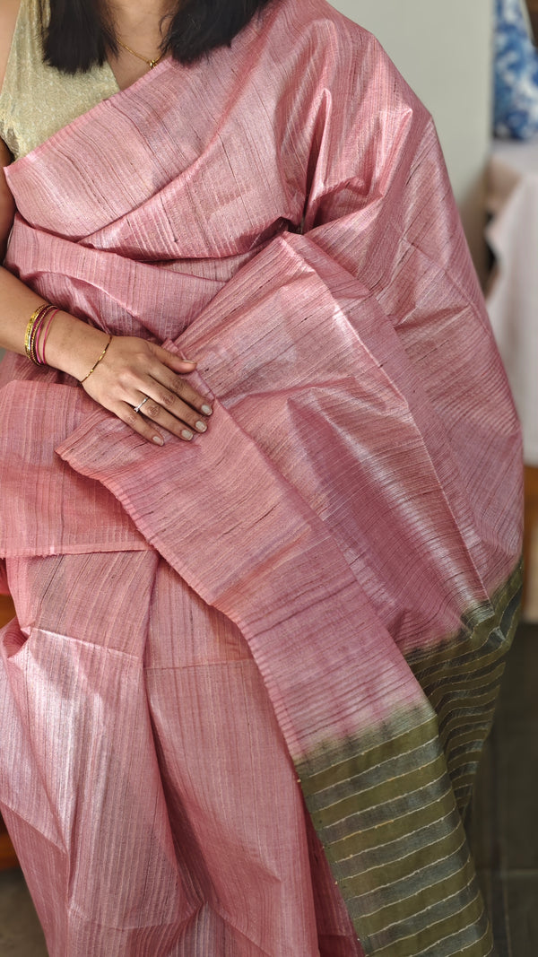 Blush pink and green tussar silk saree - 4D98
