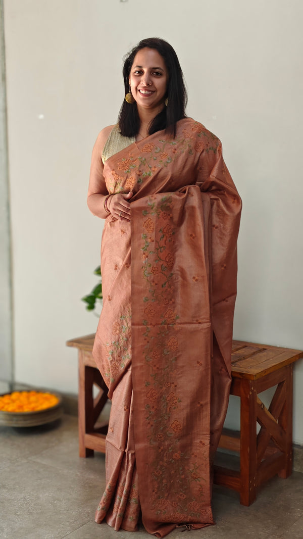 Nude brown cross stitch embroidered tussar silk saree - K1108