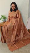 Nude brown cross stitch embroidered tussar silk saree - K1108