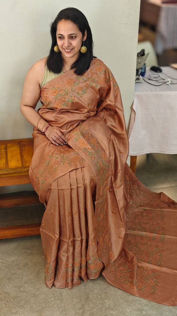 Nude brown cross stitch embroidered tussar silk saree - K1108