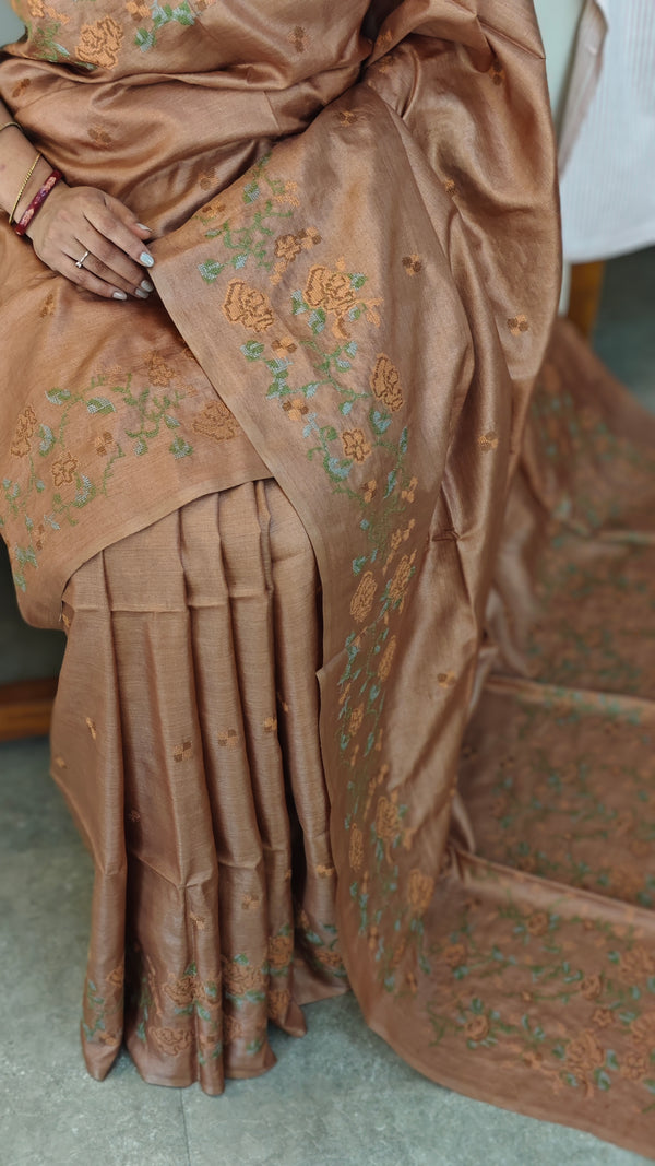 Nude brown cross stitch embroidered tussar silk saree - K1108