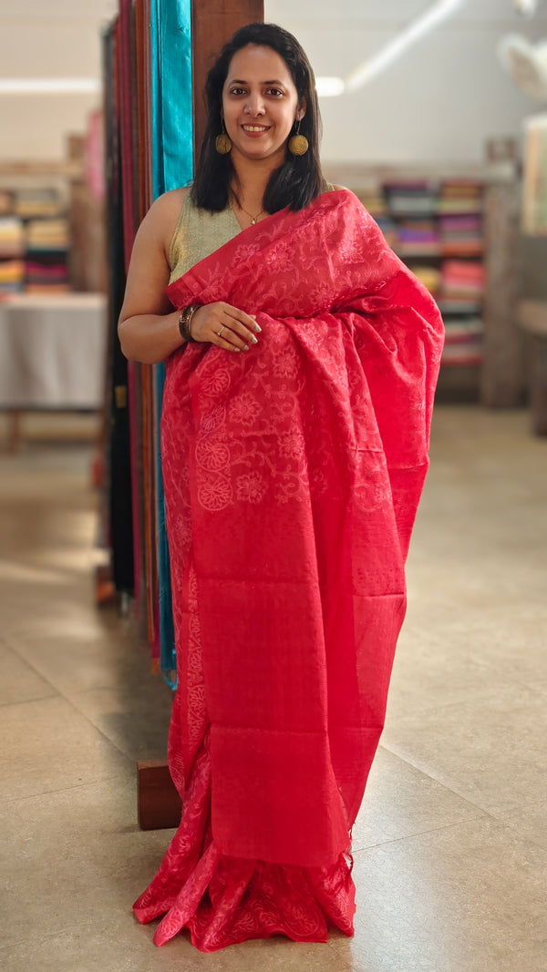 Strawberry pink tussar silk saree