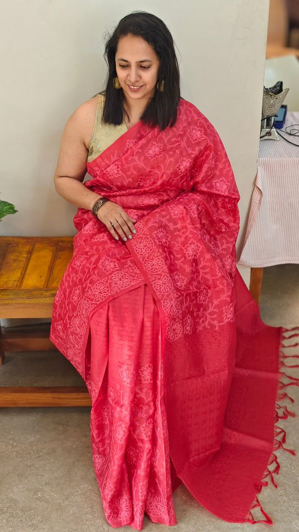 Strawberry pink tussar silk saree