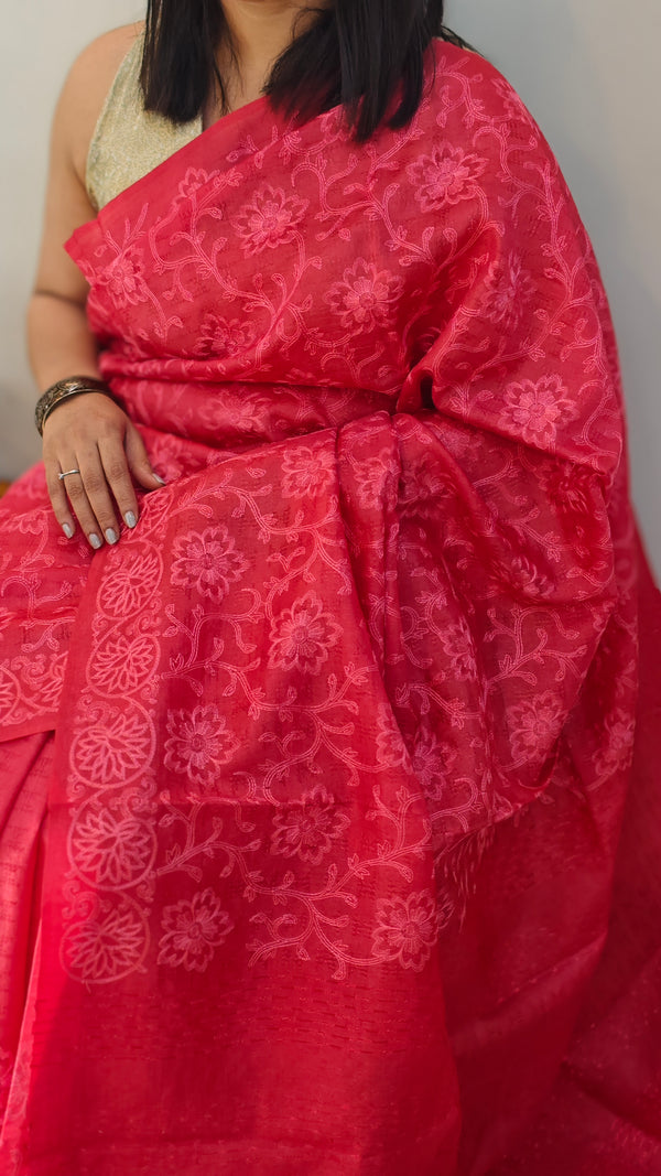 Strawberry pink tussar silk saree