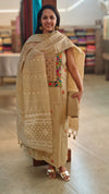 Light beige linen chanderi suit- Hand embroidered yoke