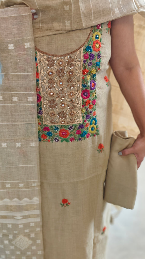 Light beige linen chanderi suit- Hand embroidered yoke