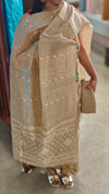 Light beige linen chanderi suit- Hand embroidered yoke