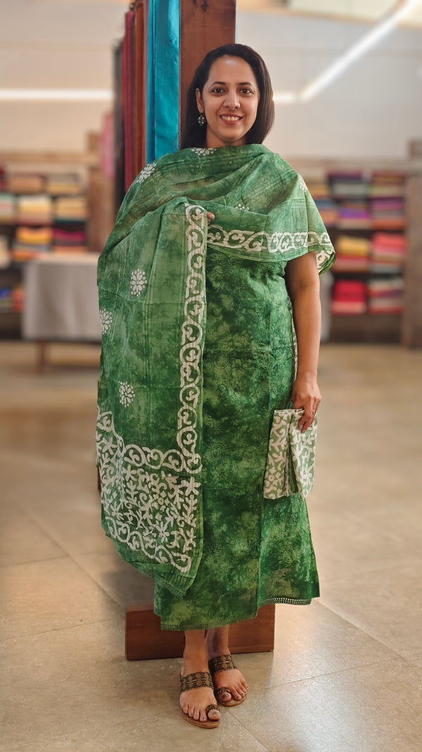 Green cotton bathik printed suit