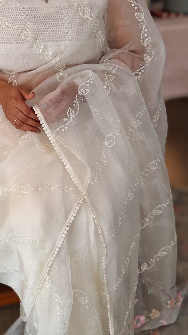 Milky white crushed organza saree