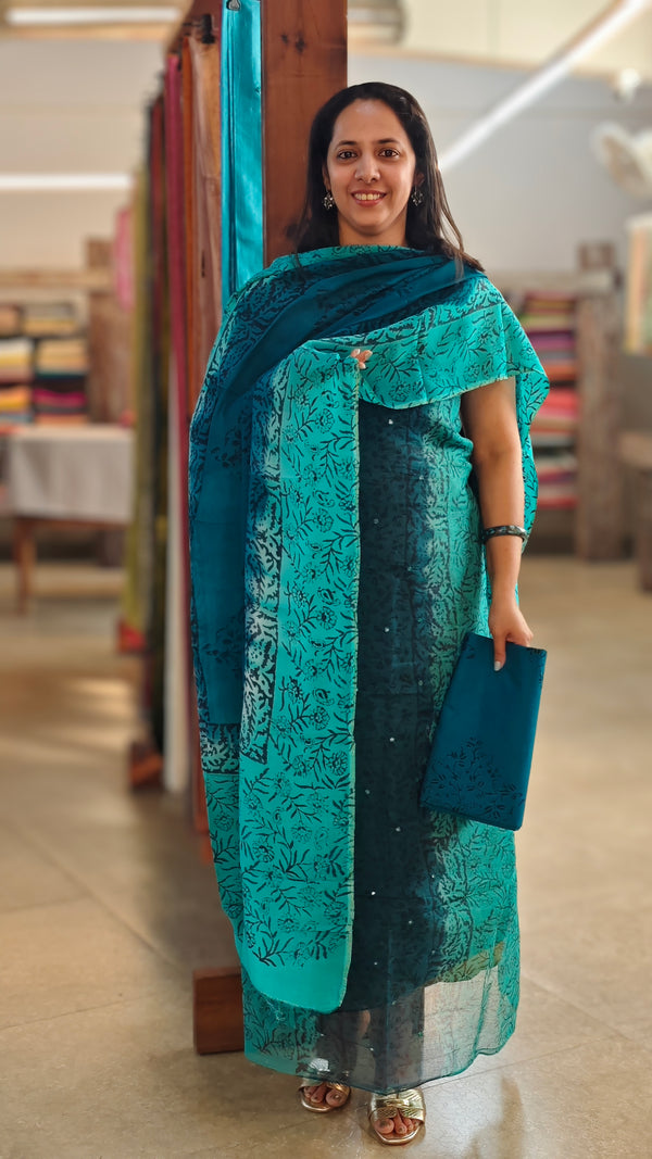 Peacock blue and green net kota suit