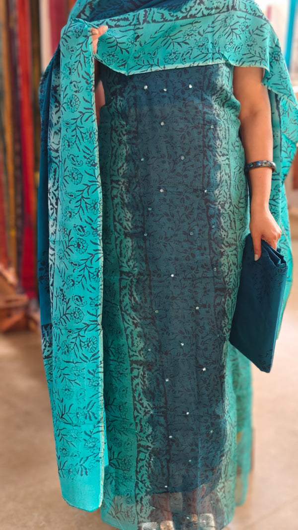 Peacock blue and green net kota suit