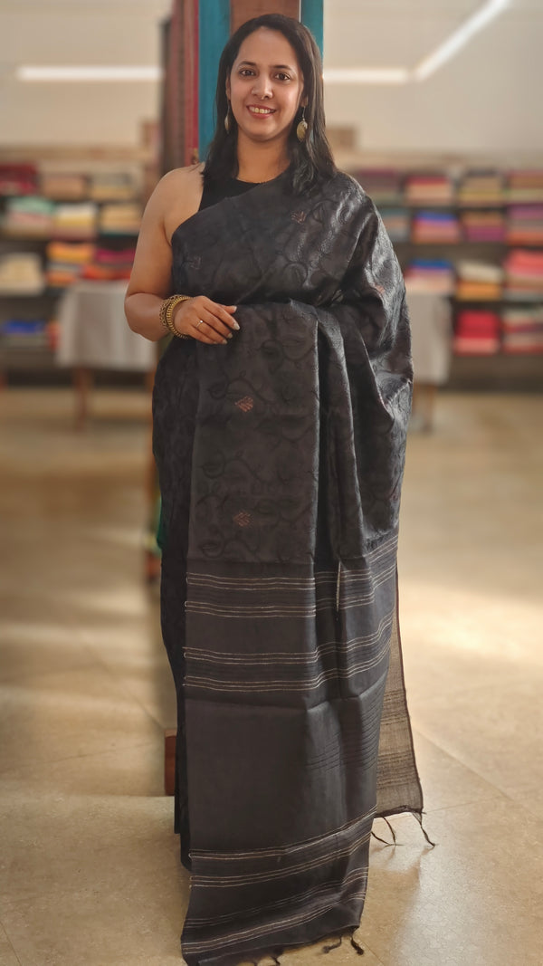 Black lined tussar silk saree