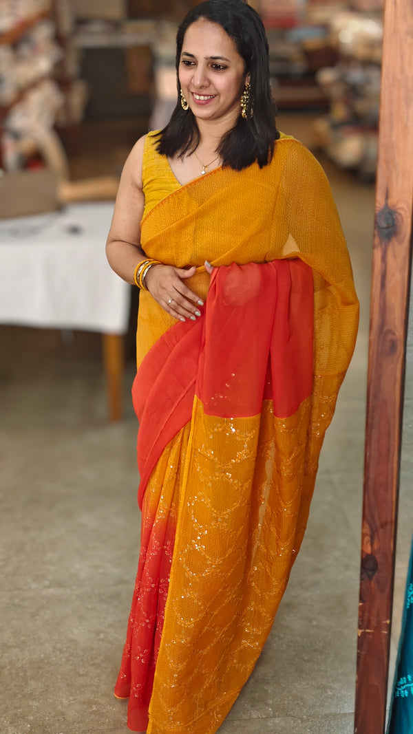Mustard and rust orange viscoe organza saree