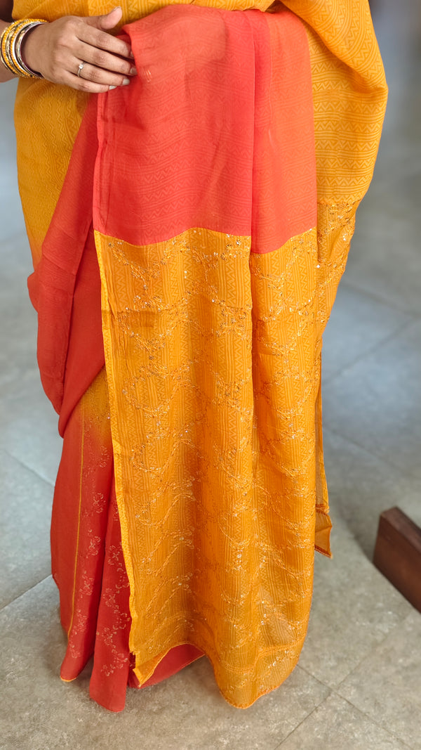 Mustard and rust orange viscoe organza saree