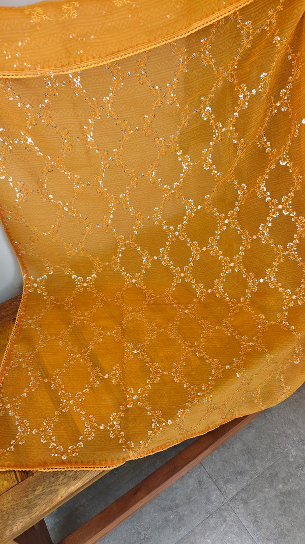 Mustard and rust orange viscoe organza saree