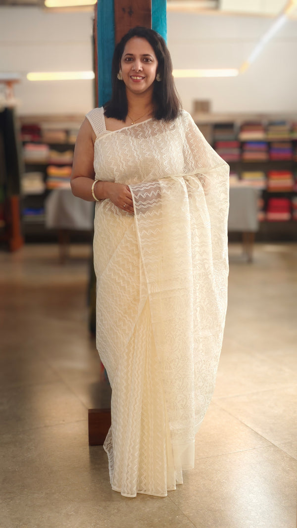 Cream printed organza saree with aari embroidery - 5912
