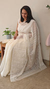 Cream printed organza saree with aari embroidery - 5912