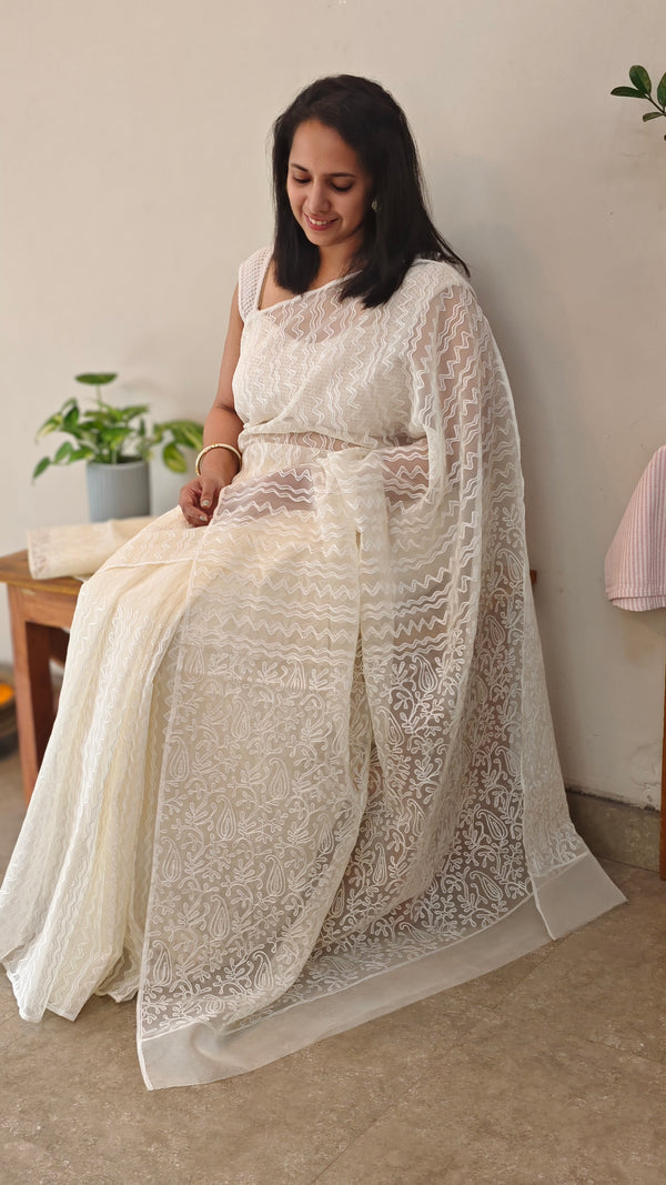 Cream printed organza saree with aari embroidery - 5912