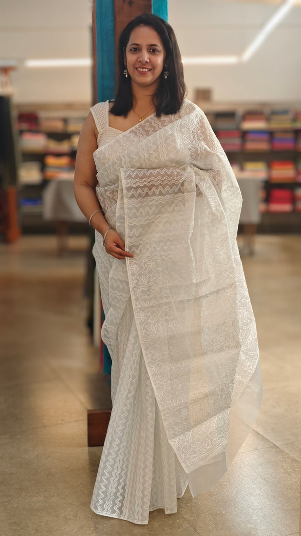 Smoky grey printed saree with aari embroidery - 5912