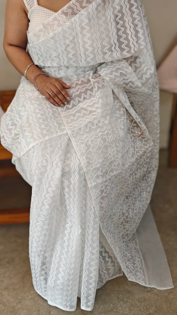 Smoky grey printed saree with aari embroidery - 5912