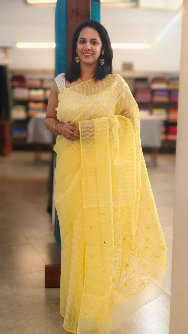 Canary yellow printed organza saree with aari embroidery - 5912