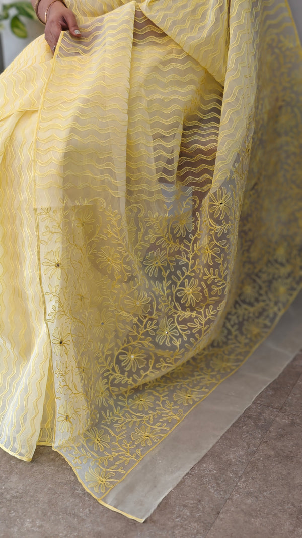 Canary yellow printed organza saree with aari embroidery - 5912