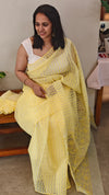 Canary yellow printed organza saree with aari embroidery - 5912