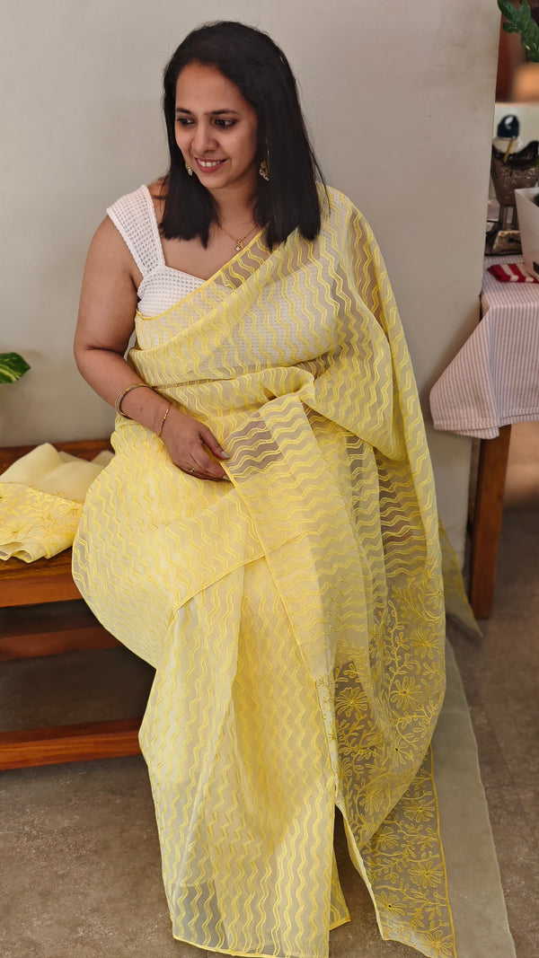 Canary yellow printed organza saree with aari embroidery - 5912