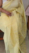 Canary yellow printed organza saree with aari embroidery - 5912