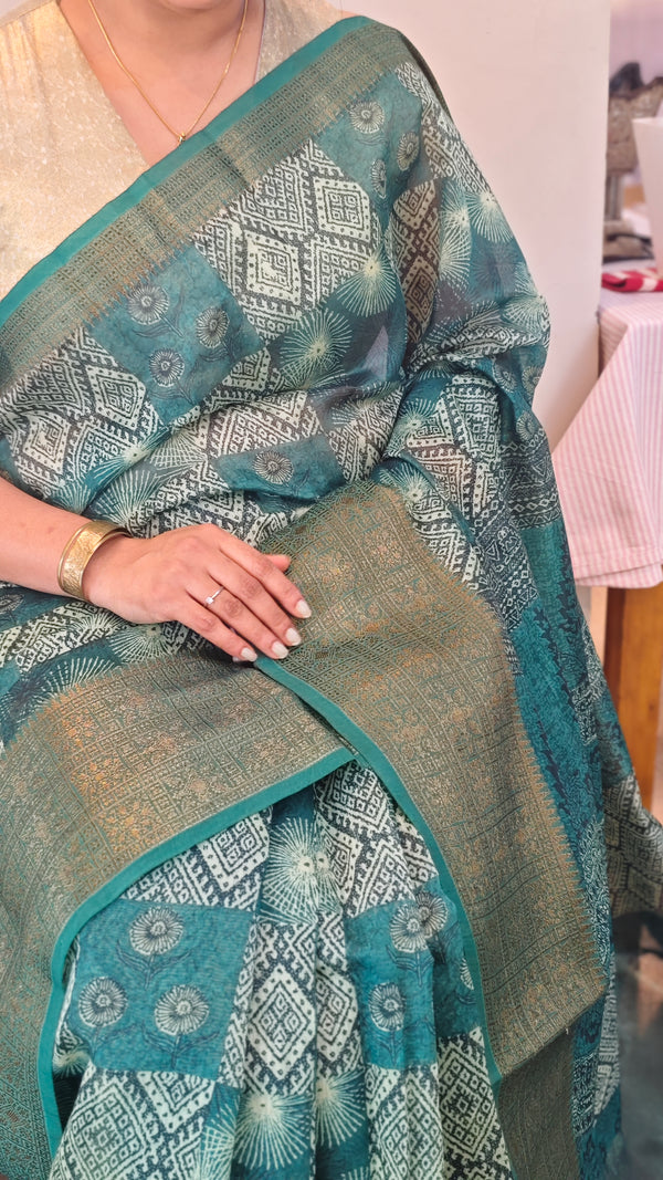 Green printed chanderi banarasi saree